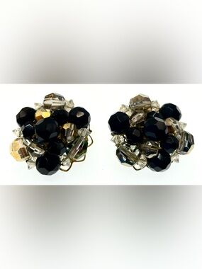 Vintage MCM Cluster Bead Clip-On Earrings Black Clear Faceted Glass Gold Tone